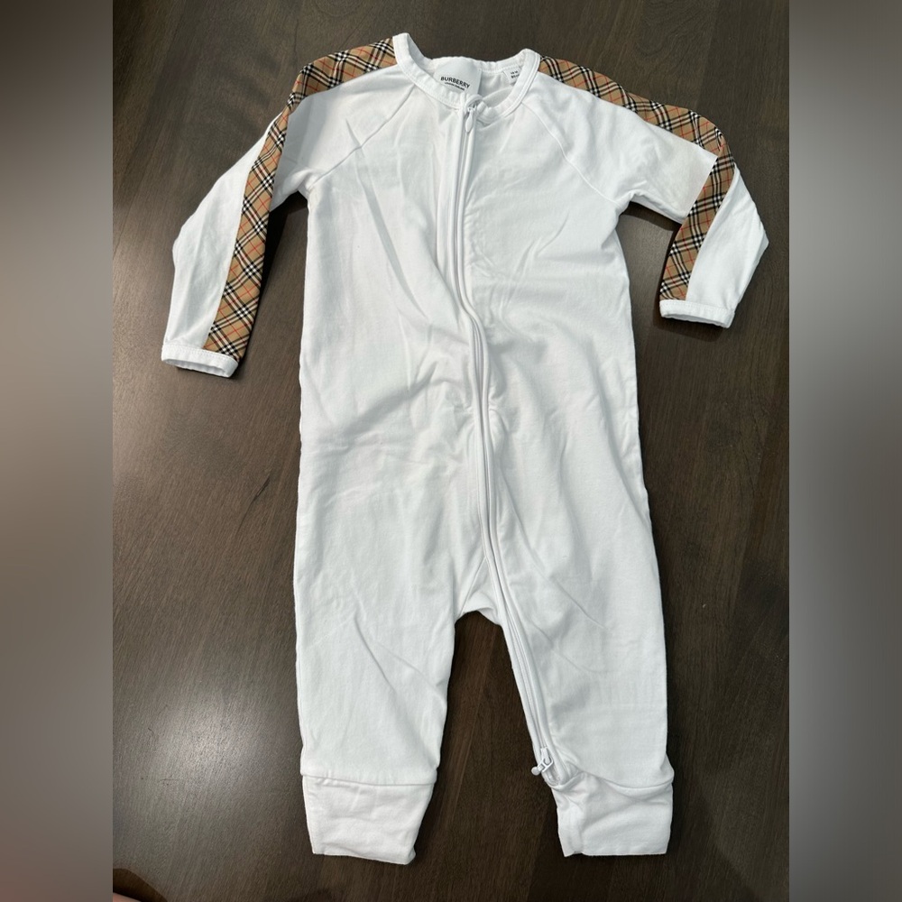Burberry White One-Piece Footie with Beige Iconic Check Sleeves